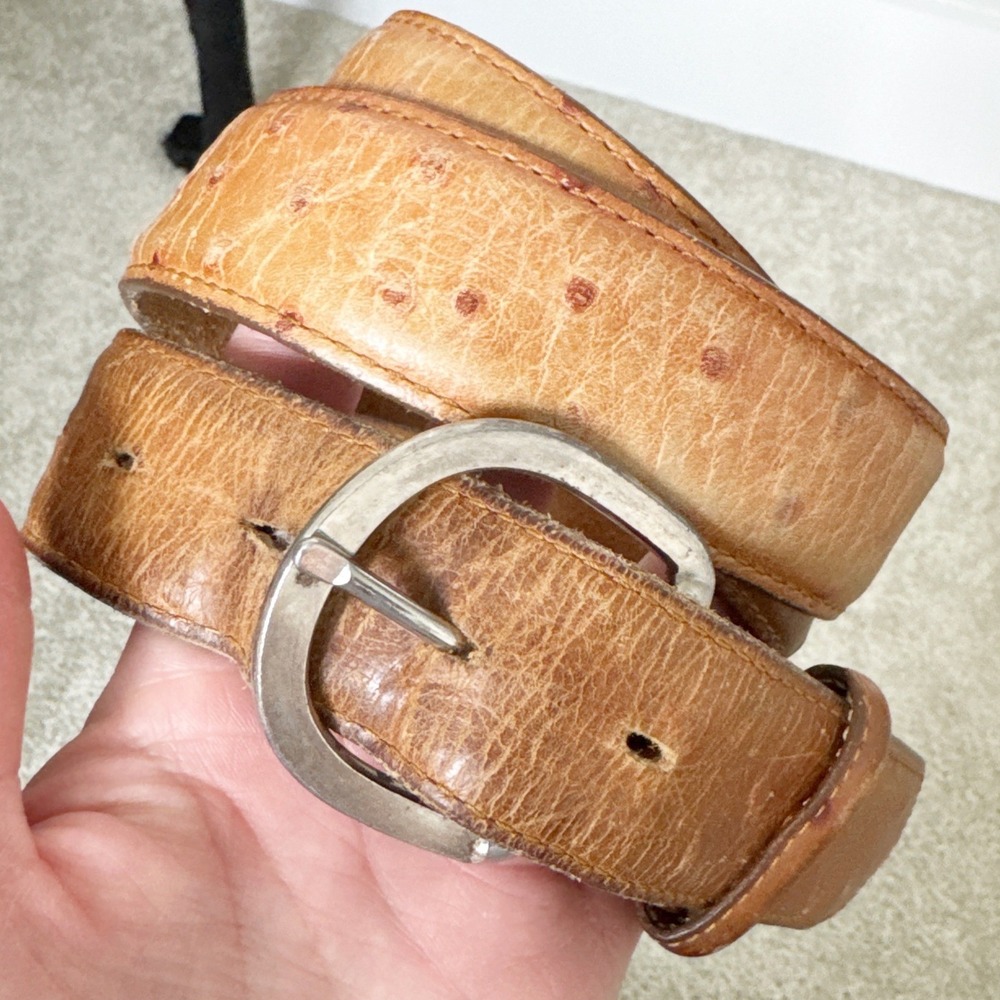 Vintage‎ Ostrich Leather Belt Tan Brown Silver Buckle Western Boho Size 38